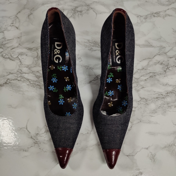Dolce and Gabbana Denim Stilettos with Burgundy Leather Accents Size 39 1/2 - Picture 8 of 15